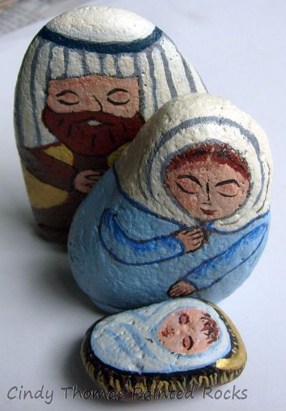 Small Light Blue Brown Painted Rock Nativity